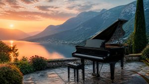 High-quality desktop wallpaper featuring a grand piano in a beautiful scenic landscape, elegant and atmospheric, with natural surroundings and a polished photographic look