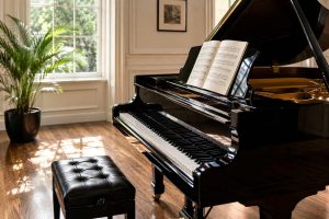 Grand piano illuminated by natural light.